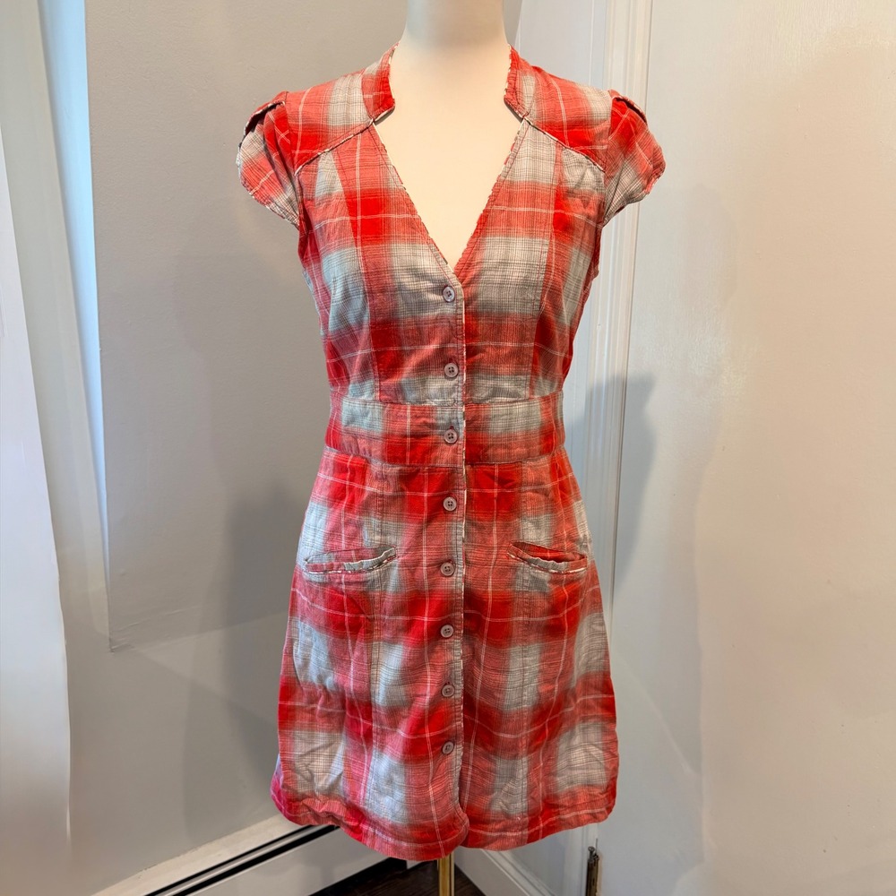 Free People Red Plaid Button Front Mini Dress Cap Sleeve Smocked Waist | Size 8